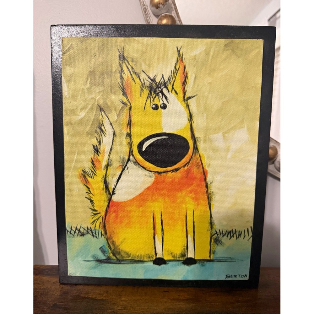 Benton Whimsical Dog Canvas Print Wood Plaque Wall Art 8-1/2x11" Colorful